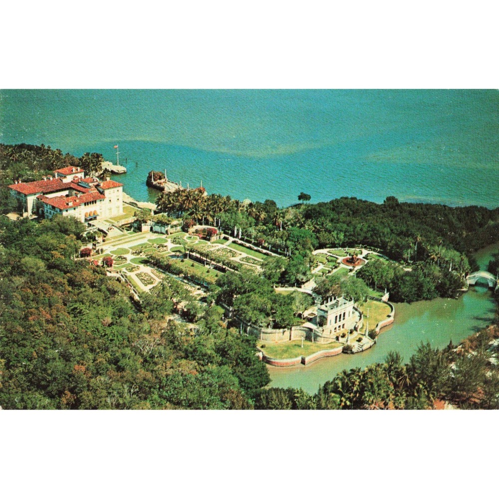 Vintage Vizcaya Miami Florida Aerial View Postcard James Deering Estate FNC3686